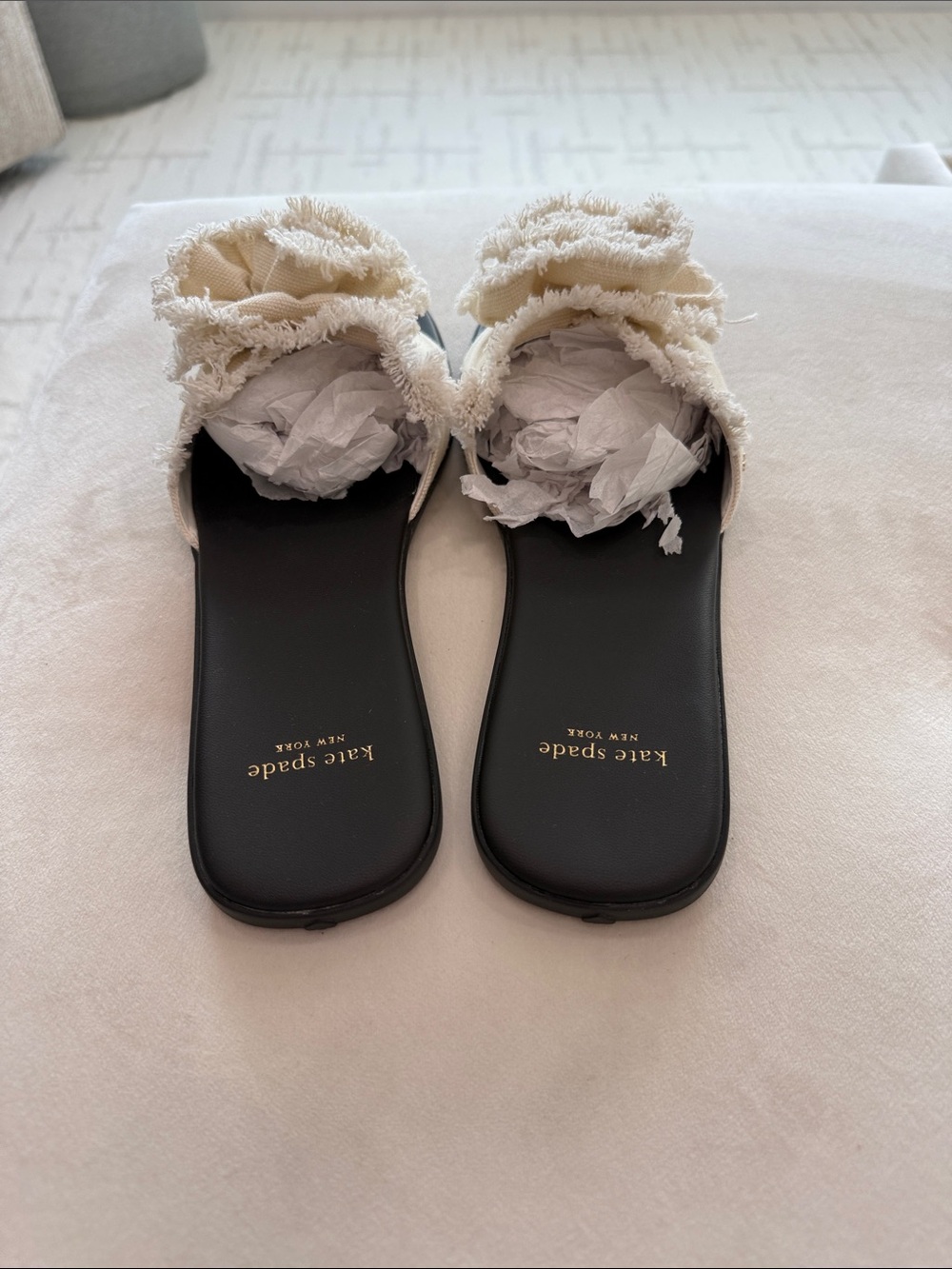 kate spade Cream Frayed Strap Black Footbed Slide Sandals